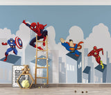 Tapet Personalizat Supereroi pentru copii cu supereroi din universul Marvel si DC zburand peste cladiri - MARVEL VS DC