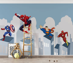 Tapet Personalizat Supereroi pentru copii cu supereroi din universul Marvel si DC zburand peste cladiri - MARVEL VS DC