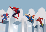 Tapet Personalizat Supereroi pentru copii cu supereroi din universul Marvel si DC zburand peste cladiri - MARVEL VS DC