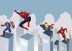 Tapet Personalizat Supereroi pentru copii cu supereroi din universul Marvel si DC zburand peste cladiri - MARVEL VS DC