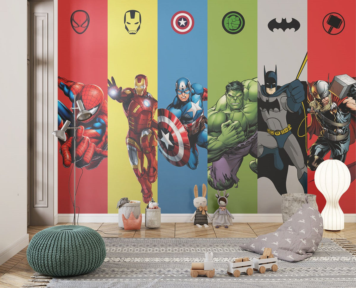 Tapet Personalizat Supereroi pentru copii cu supereroi din universul Marvel si DC in stil poster portret - MARVEL VS DC POSTER