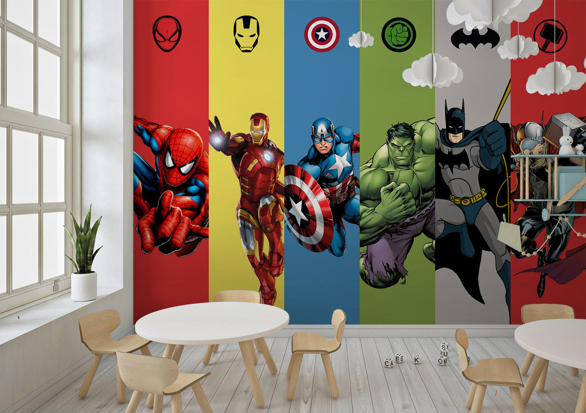 Tapet Personalizat Supereroi pentru copii cu supereroi din universul Marvel si DC in stil poster portret - MARVEL VS DC POSTER