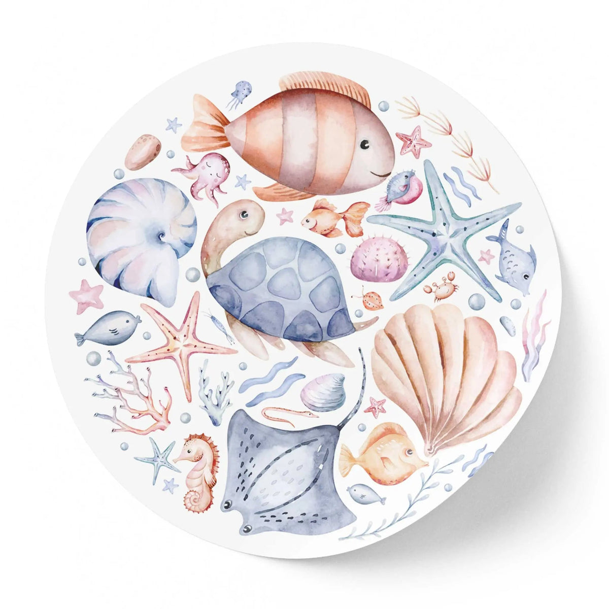 Sticker perete copii rotund cu explorarea fascinantei lumi a vietii acvatice:  pesti, cal de mare, stridii si broaste testoase!   AQUA WORLD