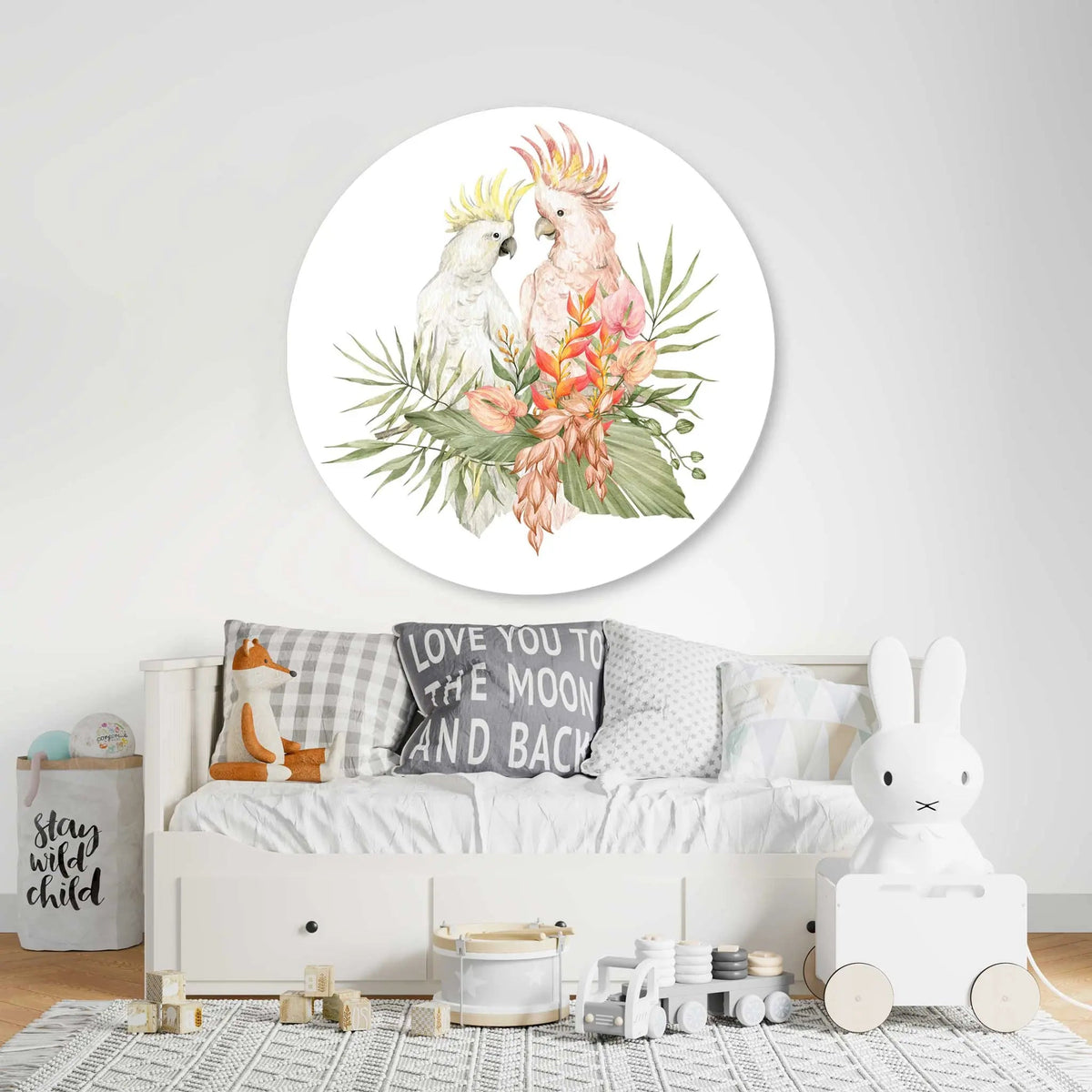 Sticker perete copii rotund cu papagali tropicali in natura   TROPICAL PARROT