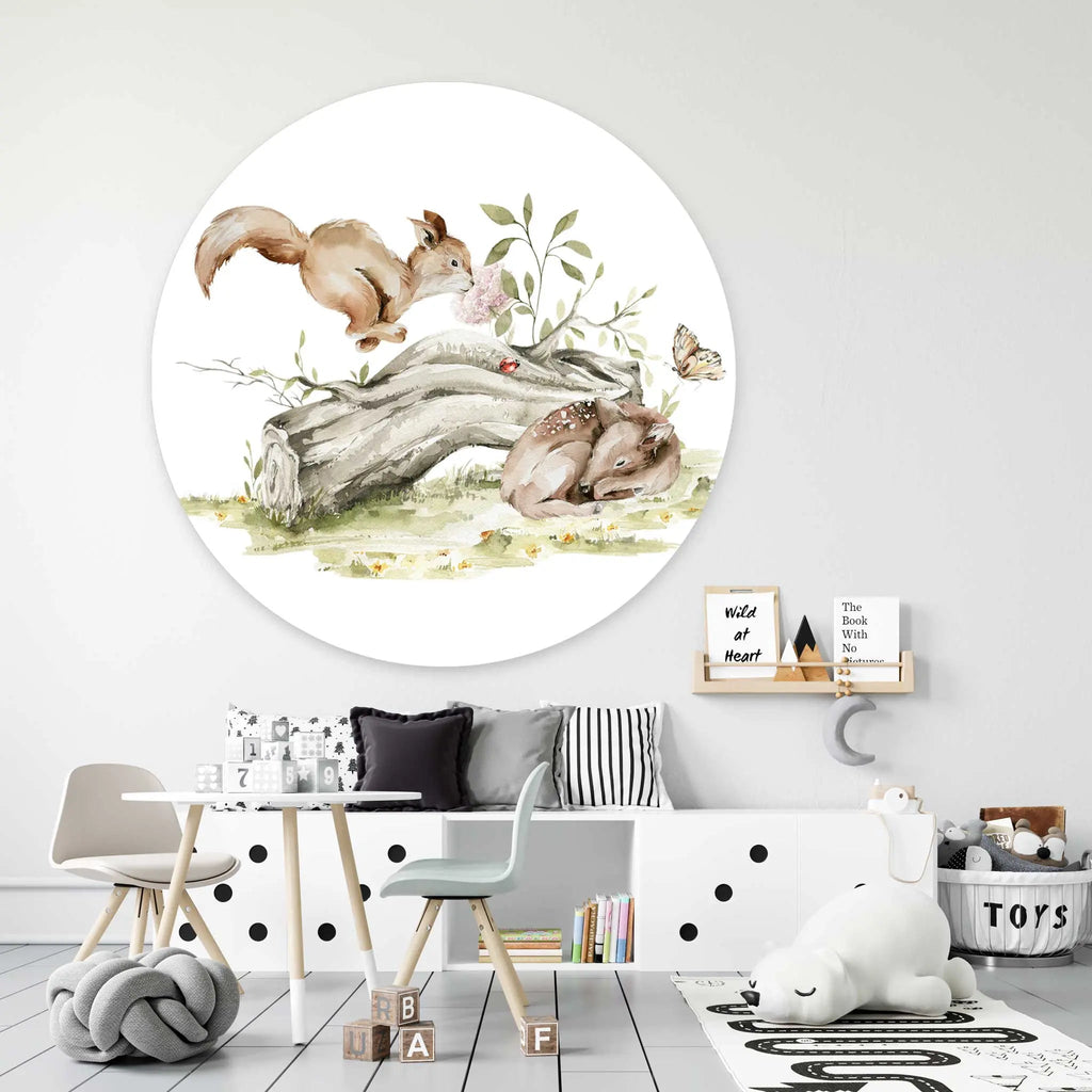 Sticker perete copii rotund cu Veverita draguta si ilustratie padure in acuarela   SQUIRREL FOREST