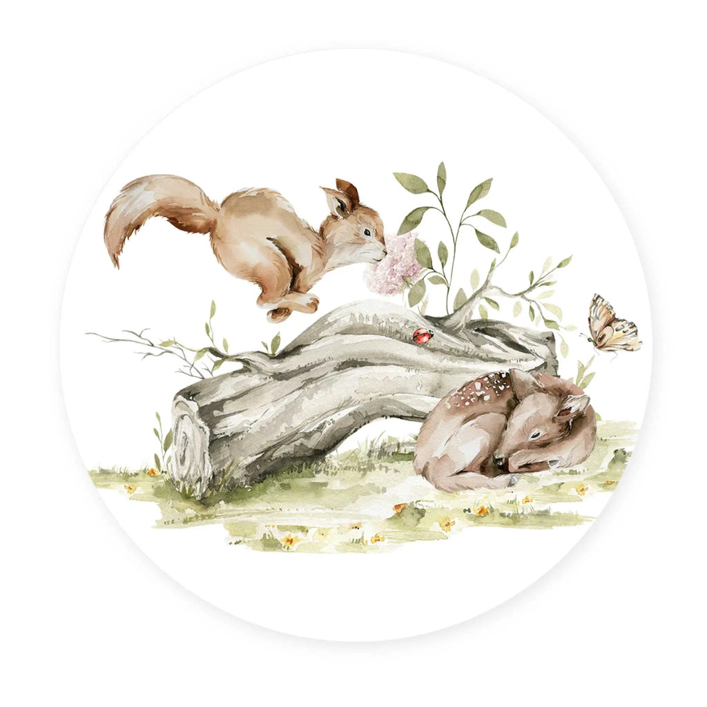 Sticker perete copii rotund cu Veverita draguta si ilustratie padure in acuarela   SQUIRREL FOREST