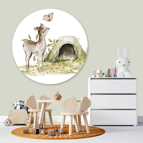 Sticker perete copii rotund cu Caprioara draguta si ilustratie padure in acuarela   BAMBI