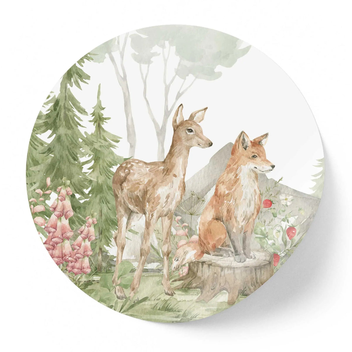 Sticker perete copii rotund peisaj de padure in acuarela cu animale: caprioara, iepure, arici si vulpe    FORREST ANIMALS