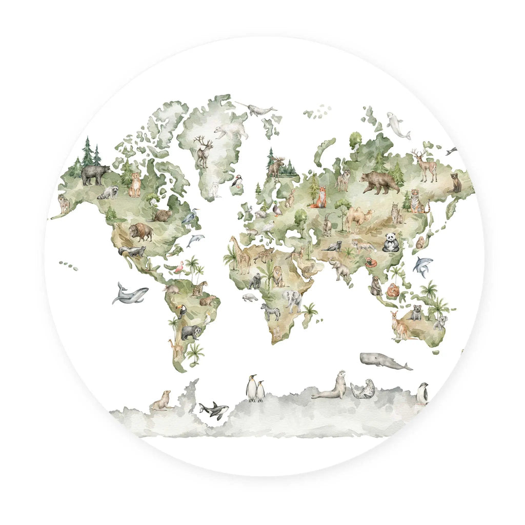 Sticker perete copii rotund cu harta animale din lumea intreaga   WORLD OF ANIMALS