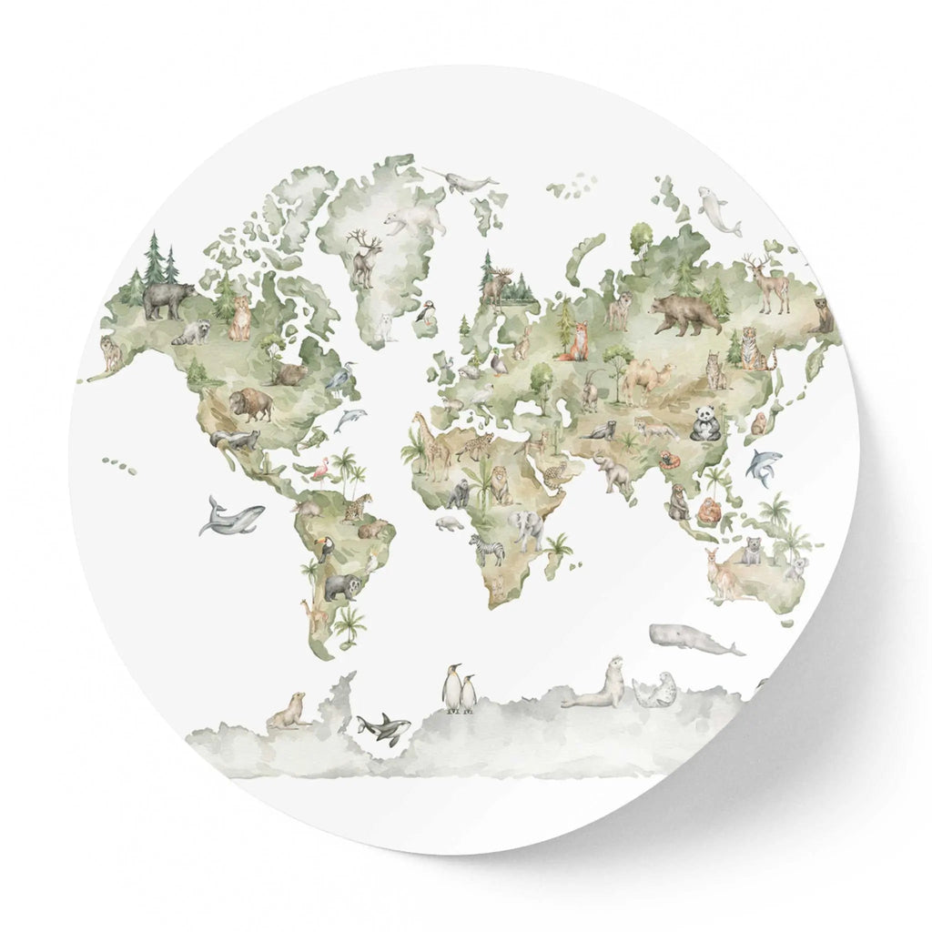 Sticker perete copii rotund cu harta animale din lumea intreaga   WORLD OF ANIMALS