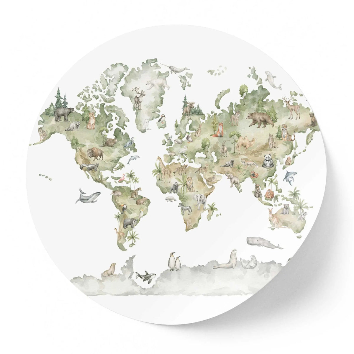 Sticker perete copii rotund cu harta animale din lumea intreaga   WORLD OF ANIMALS