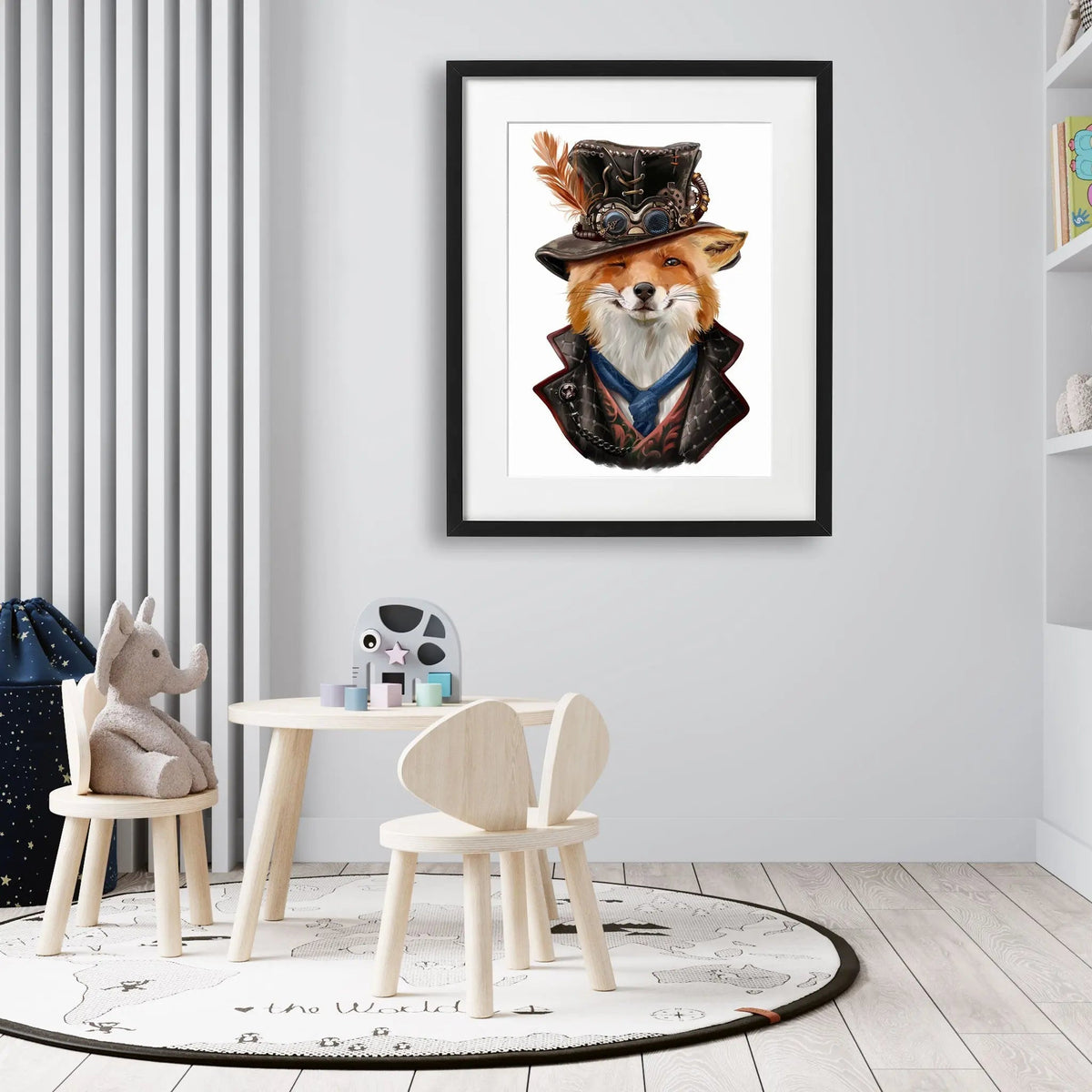 Tablou cu rama pentru copii care ilustreaza o vulpe vicleana in haine steampunk sly fox