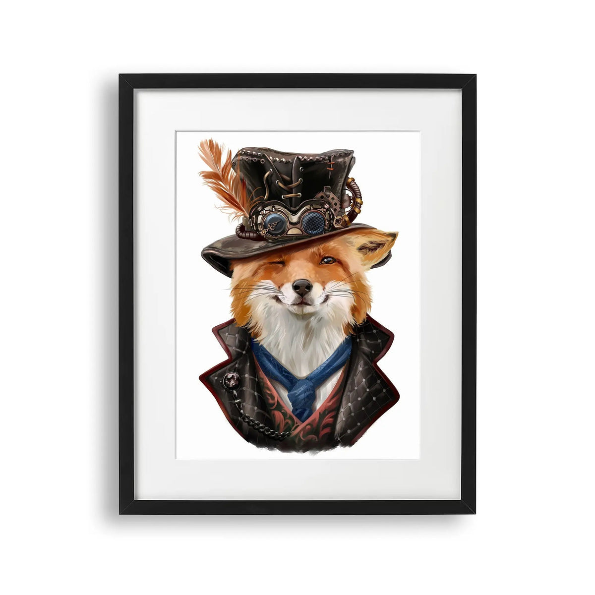 Tablou cu rama pentru copii care ilustreaza o vulpe vicleana in haine steampunk sly fox