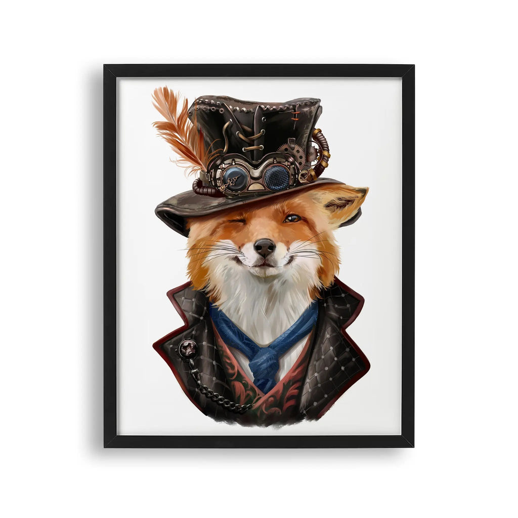 Tablou cu rama pentru copii care ilustreaza o vulpe vicleana in haine steampunk sly fox