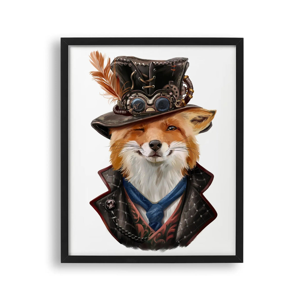 Tablou cu rama pentru copii care ilustreaza o vulpe vicleana in haine steampunk sly fox