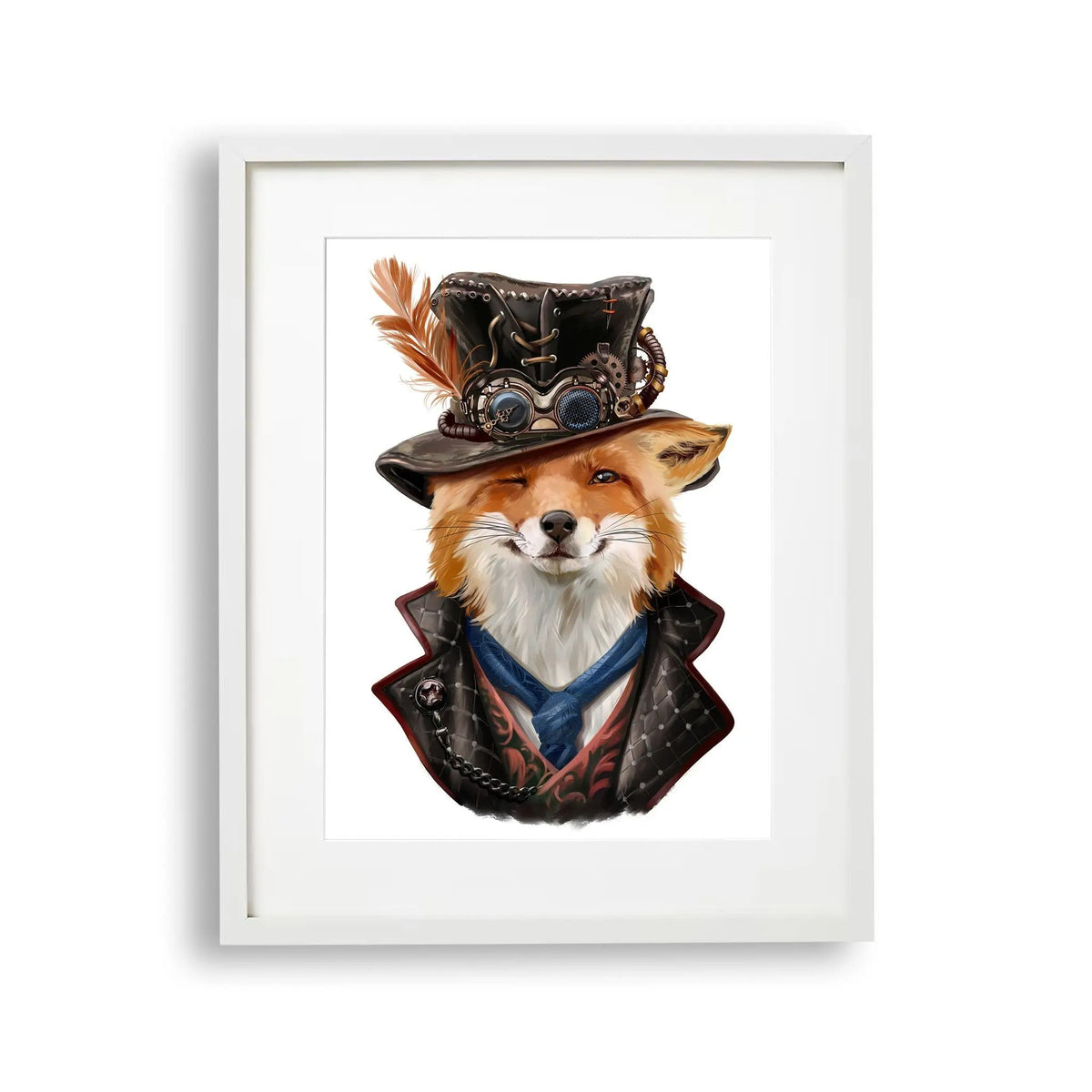 Tablou cu rama pentru copii care ilustreaza o vulpe vicleana in haine steampunk sly fox