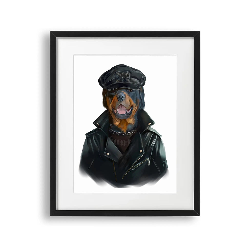 Tablou cu rama pentru copii care ilustreaza un caine rottweiler purtand o geaca din piele si o sapca rottweilier dog