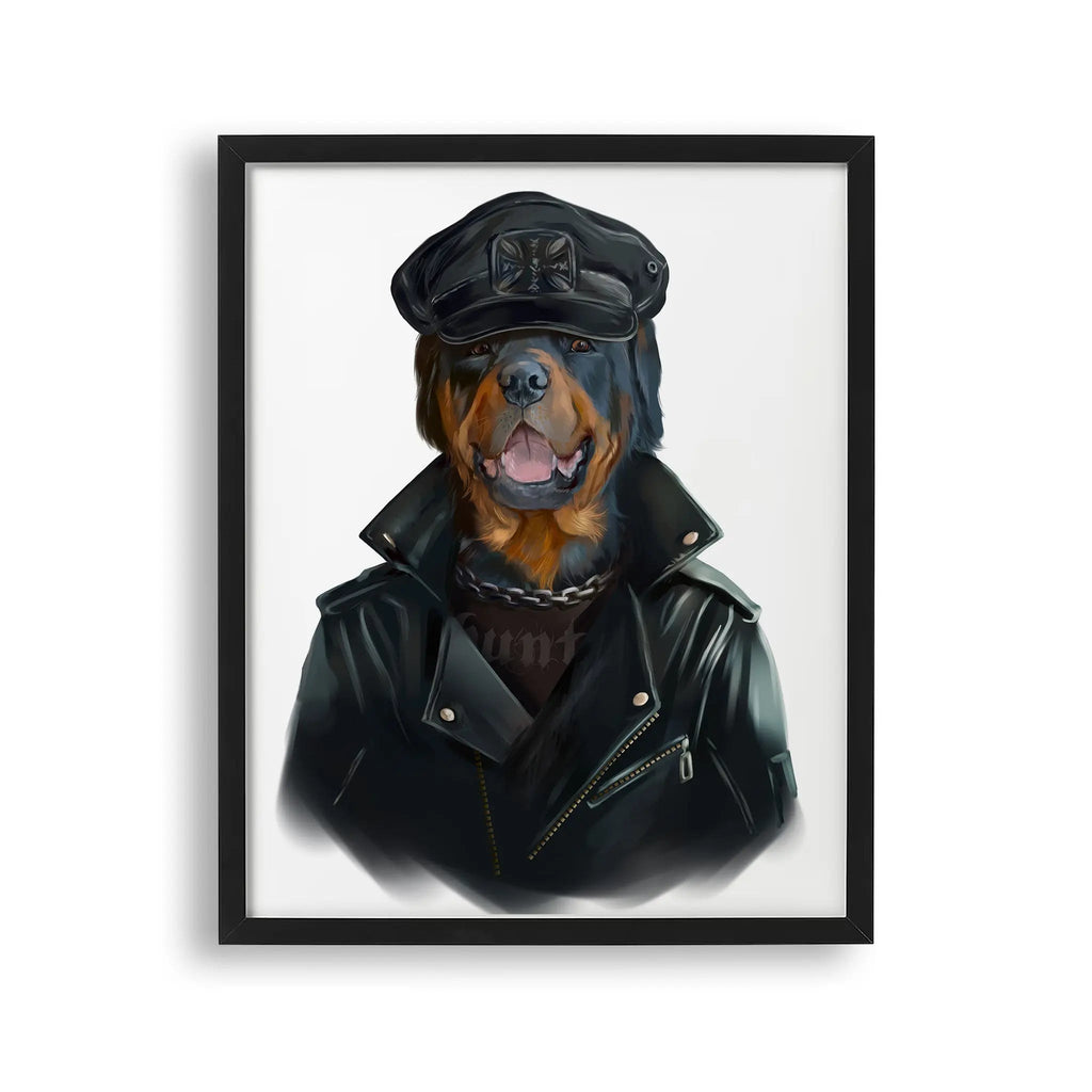 Tablou cu rama pentru copii care ilustreaza un caine rottweiler purtand o geaca din piele si o sapca rottweilier dog