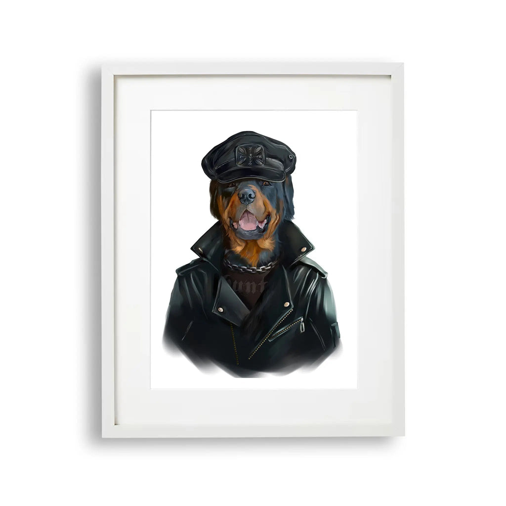 Tablou cu rama pentru copii care ilustreaza un caine rottweiler purtand o geaca din piele si o sapca rottweilier dog