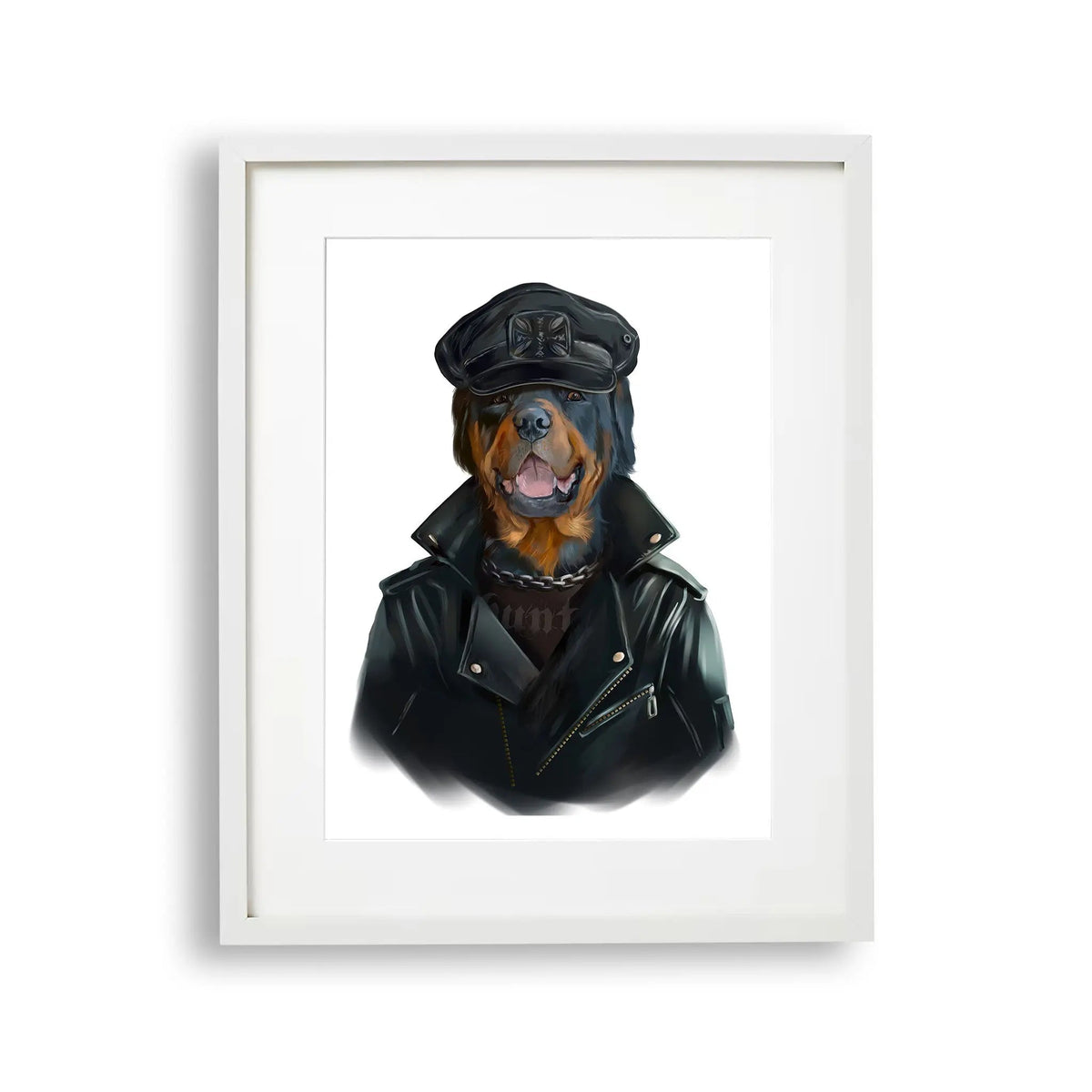 Tablou cu rama pentru copii care ilustreaza un caine rottweiler purtand o geaca din piele si o sapca rottweilier dog