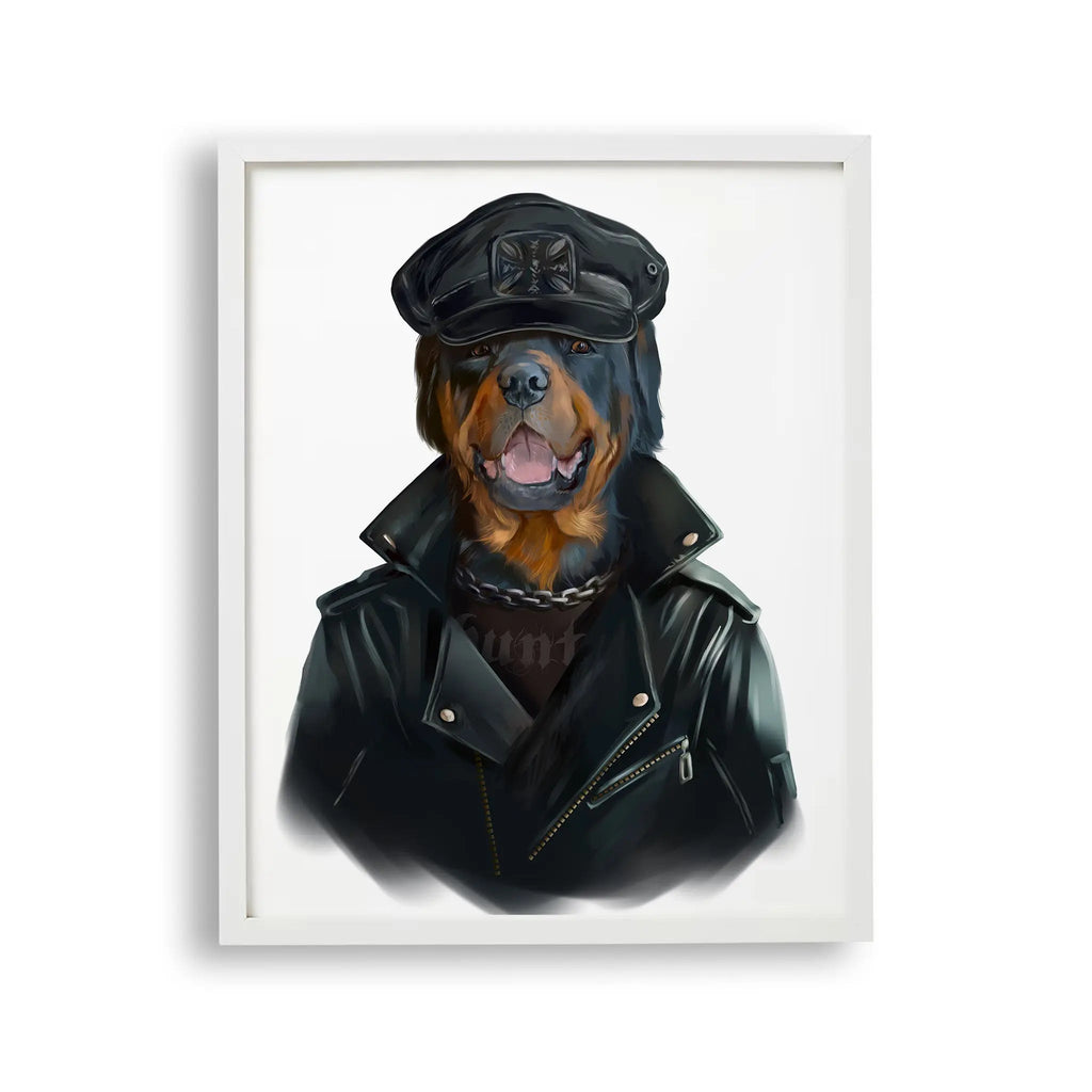 Tablou cu rama pentru copii care ilustreaza un caine rottweiler purtand o geaca din piele si o sapca rottweilier dog