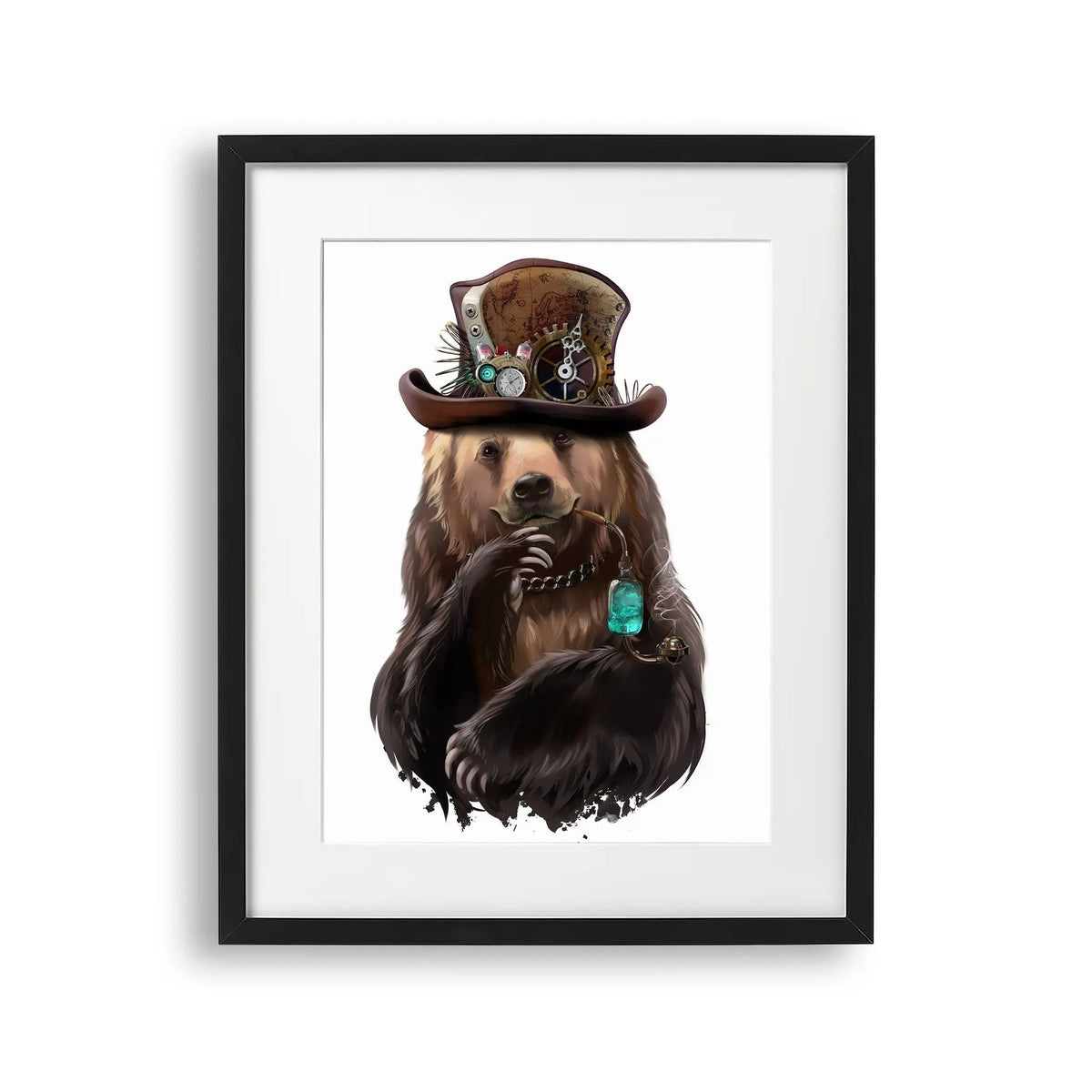 Tablou cu rama destinat copiilor care reprezinta un urs brun purtand o palarie steampunk si tinand o pipa in gura brown bear