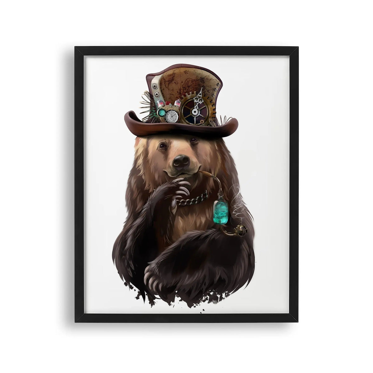 Tablou cu rama destinat copiilor care reprezinta un urs brun purtand o palarie steampunk si tinand o pipa in gura brown bear