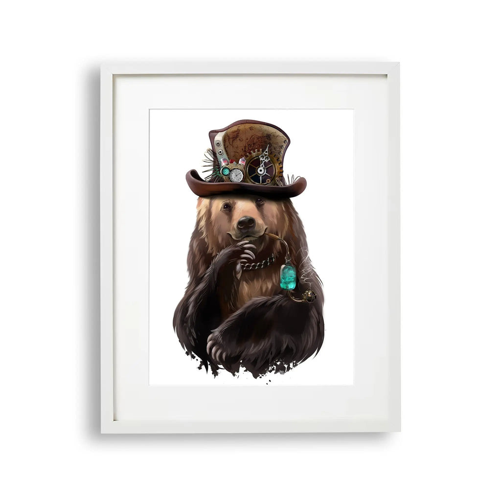 Tablou cu rama destinat copiilor care reprezinta un urs brun purtand o palarie steampunk si tinand o pipa in gura brown bear