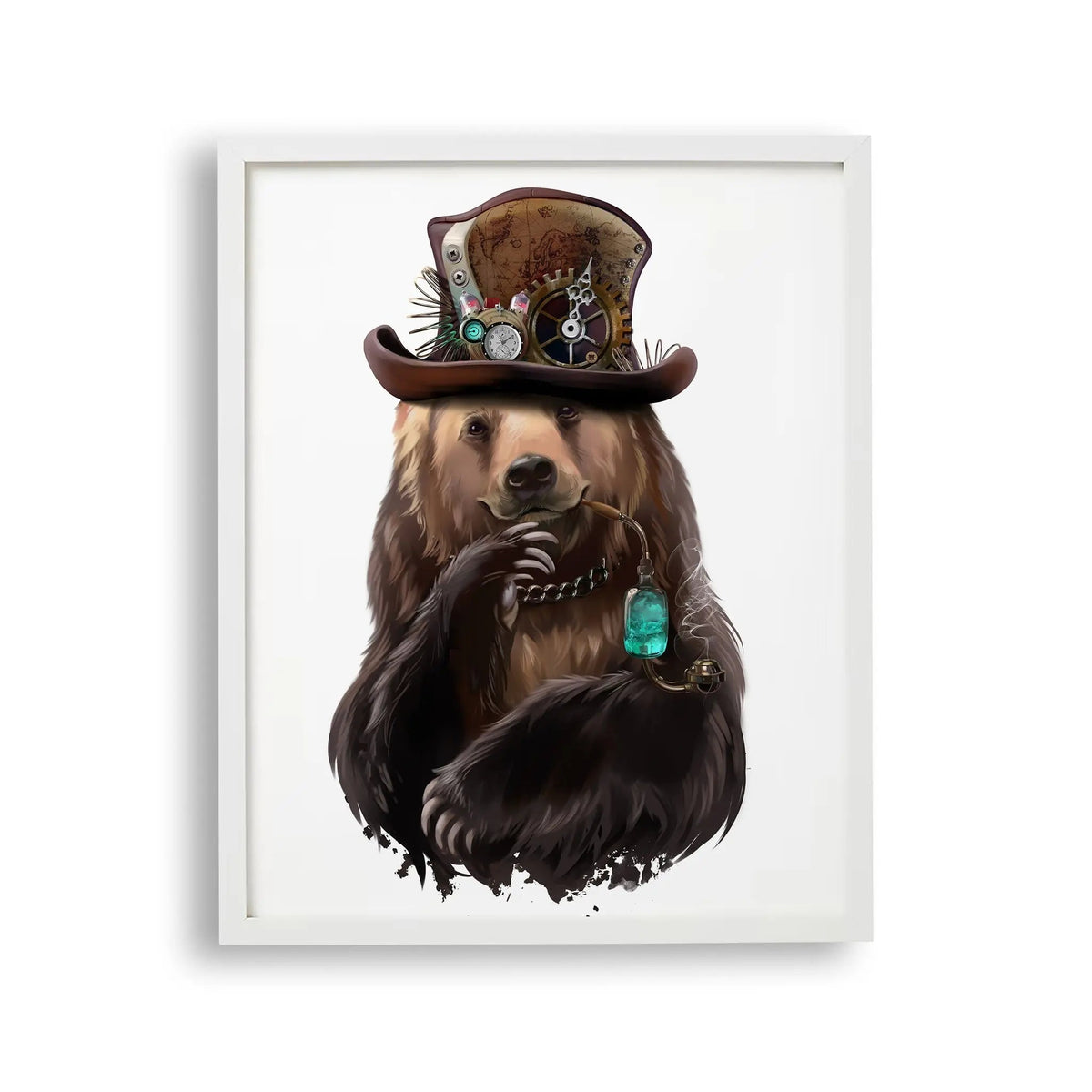 Tablou cu rama destinat copiilor care reprezinta un urs brun purtand o palarie steampunk si tinand o pipa in gura brown bear