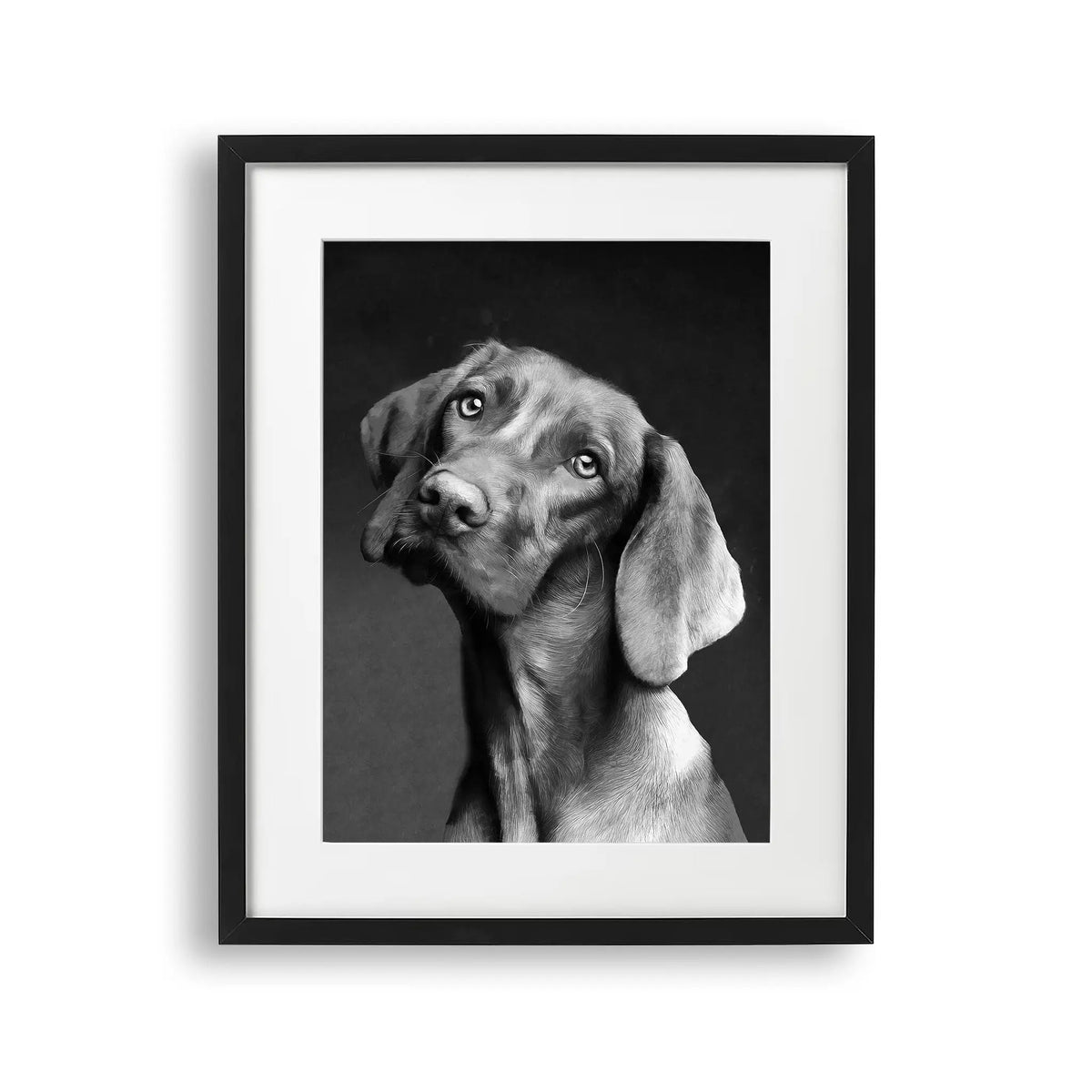 Tablou cu rama destinat copiilor care reprezinta o pictura moderna alb negru a unui caine vizsla dragalas vizsla dog