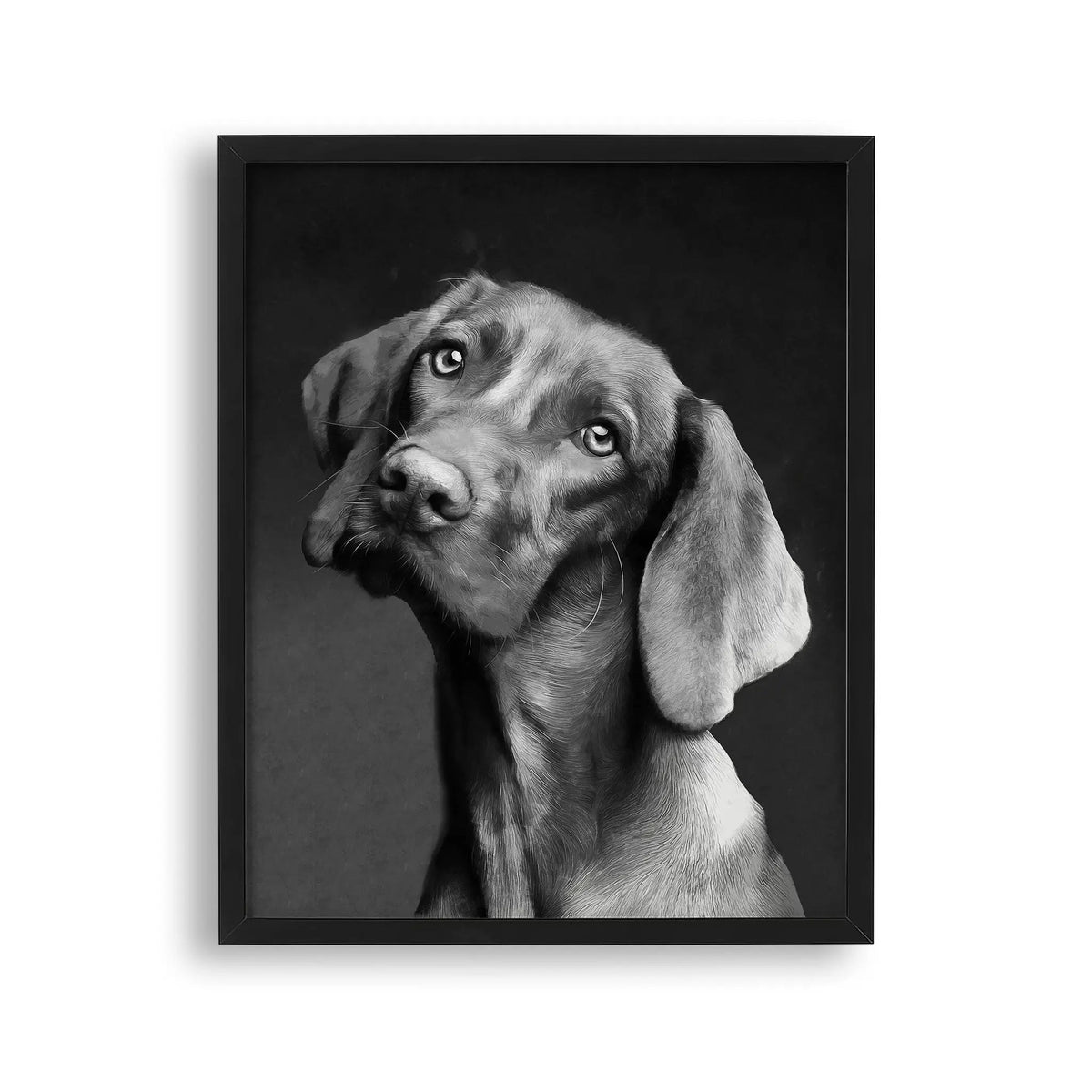 Tablou cu rama destinat copiilor care reprezinta o pictura moderna alb negru a unui caine vizsla dragalas vizsla dog