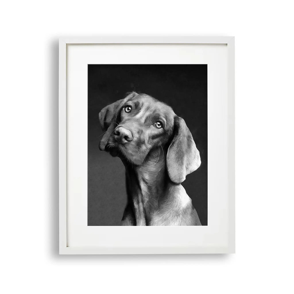 Tablou cu rama destinat copiilor care reprezinta o pictura moderna alb negru a unui caine vizsla dragalas vizsla dog