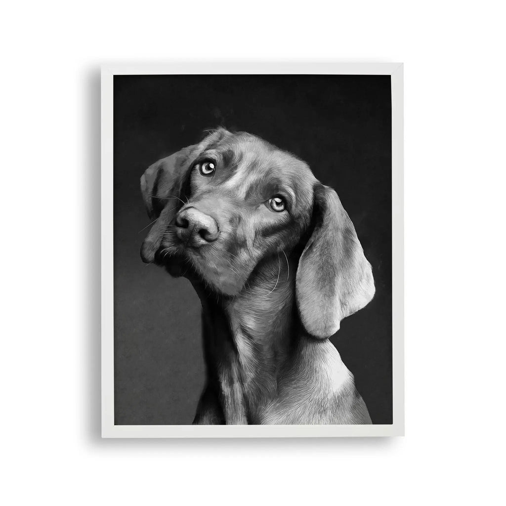 Tablou cu rama destinat copiilor care reprezinta o pictura moderna alb negru a unui caine vizsla dragalas vizsla dog