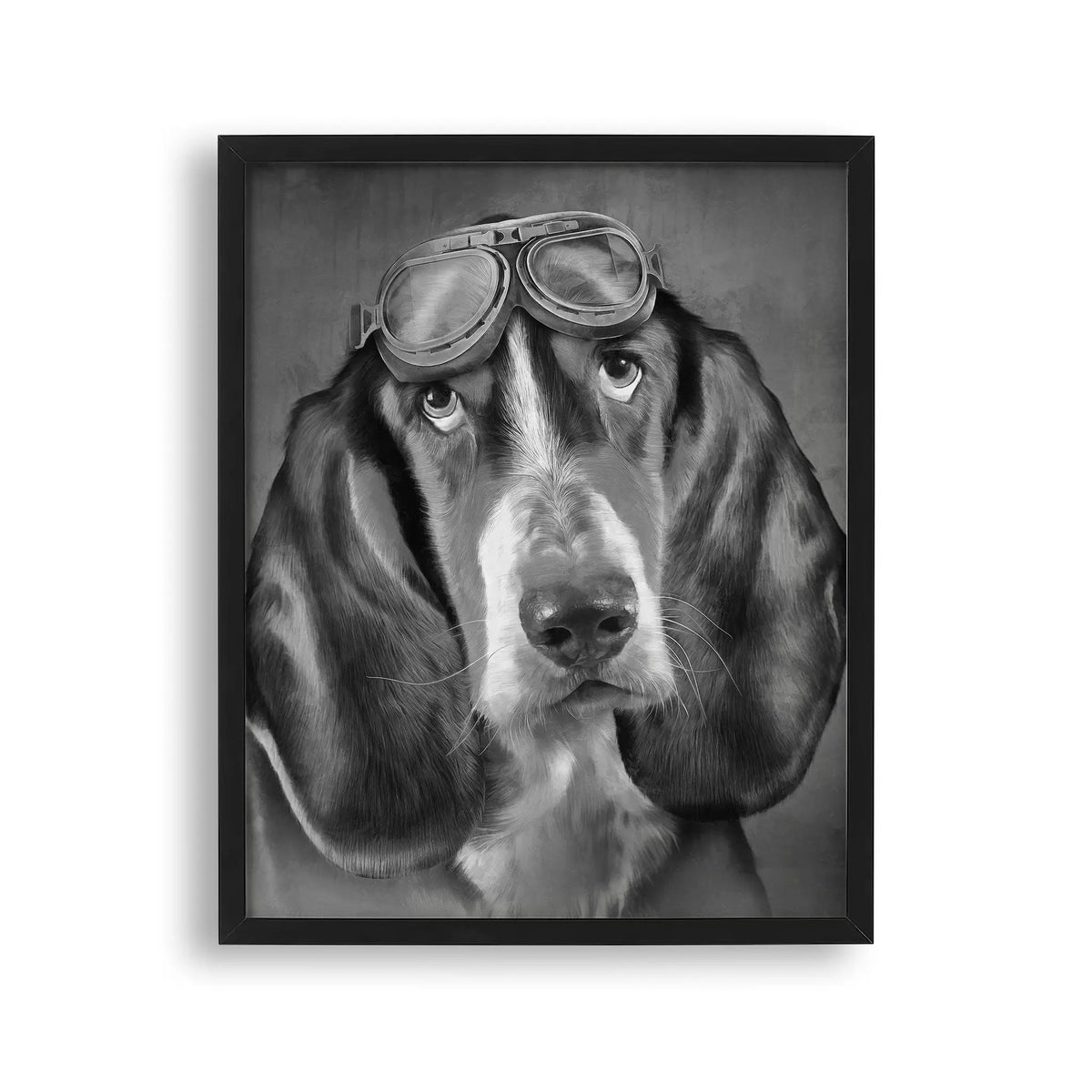 Tablou cu rama destinat copiilor care reprezinta o pictura moderna alb negru a unui caine maro dragut purtand o casca de pilot schweizer laufhund