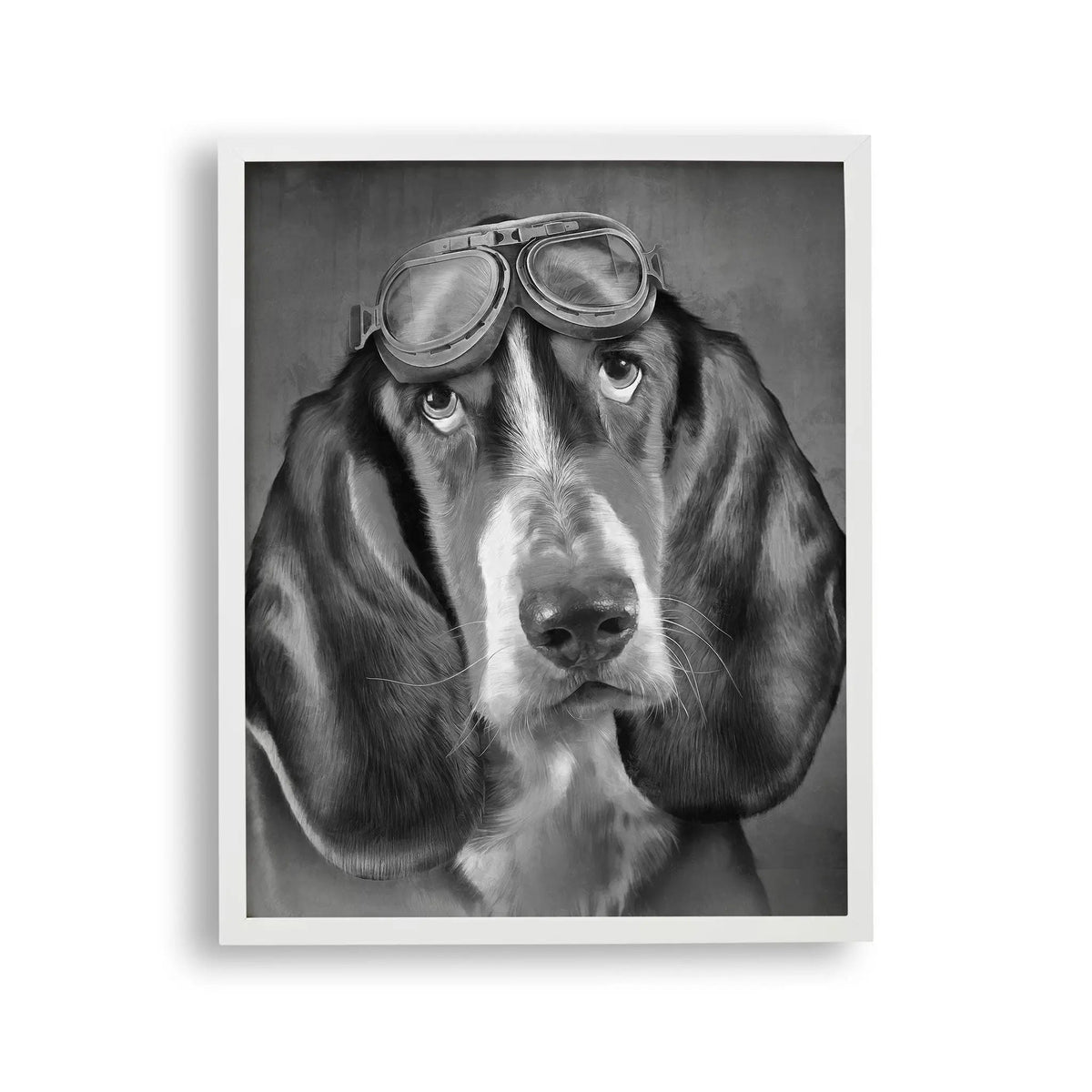 Tablou cu rama destinat copiilor care reprezinta o pictura moderna alb negru a unui caine maro dragut purtand o casca de pilot schweizer laufhund