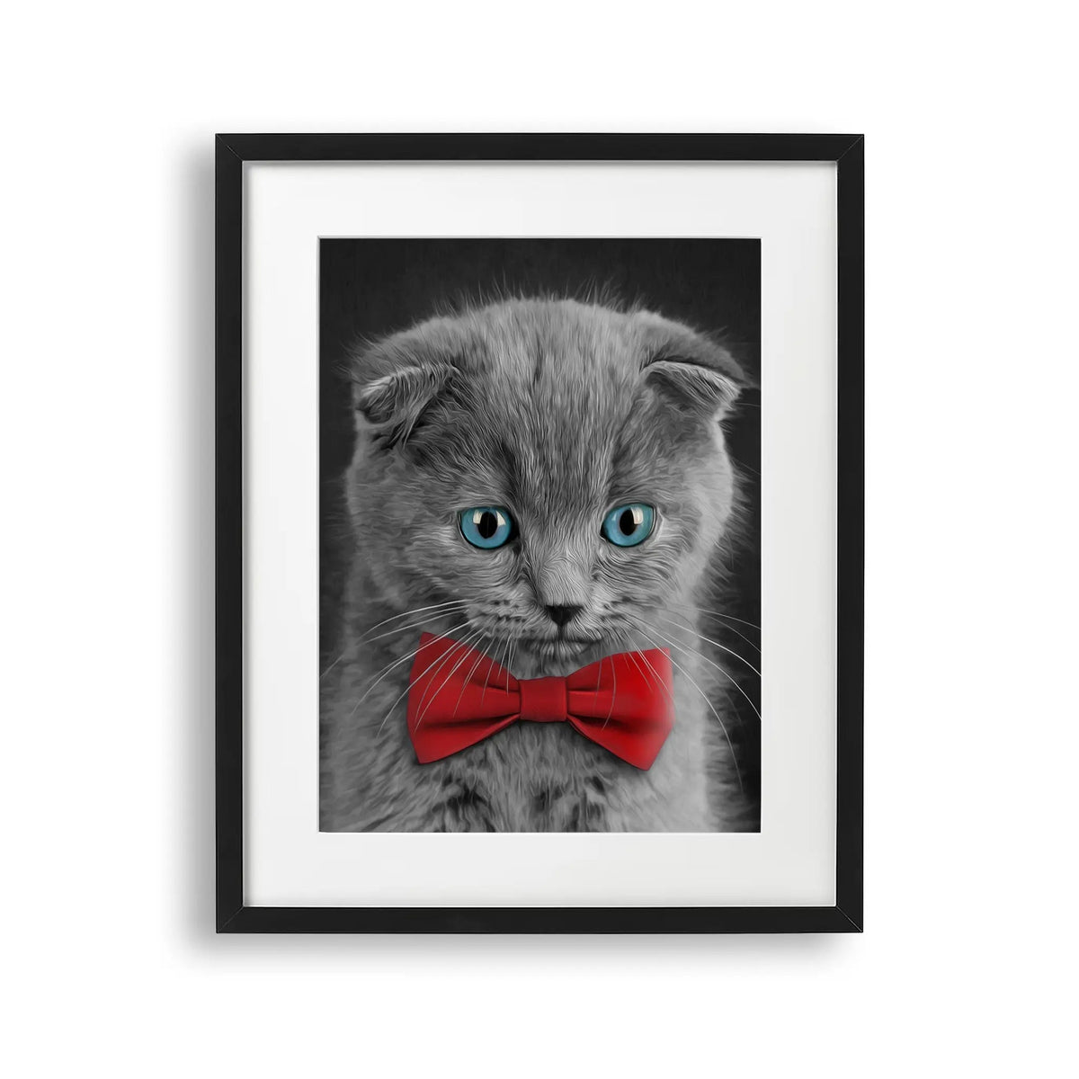 Tablou cu rama destinat copiilor care reprezinta o pictura moderna a unei pisici dragute cu ochi albastri si cu un papion rosu lovely kitten