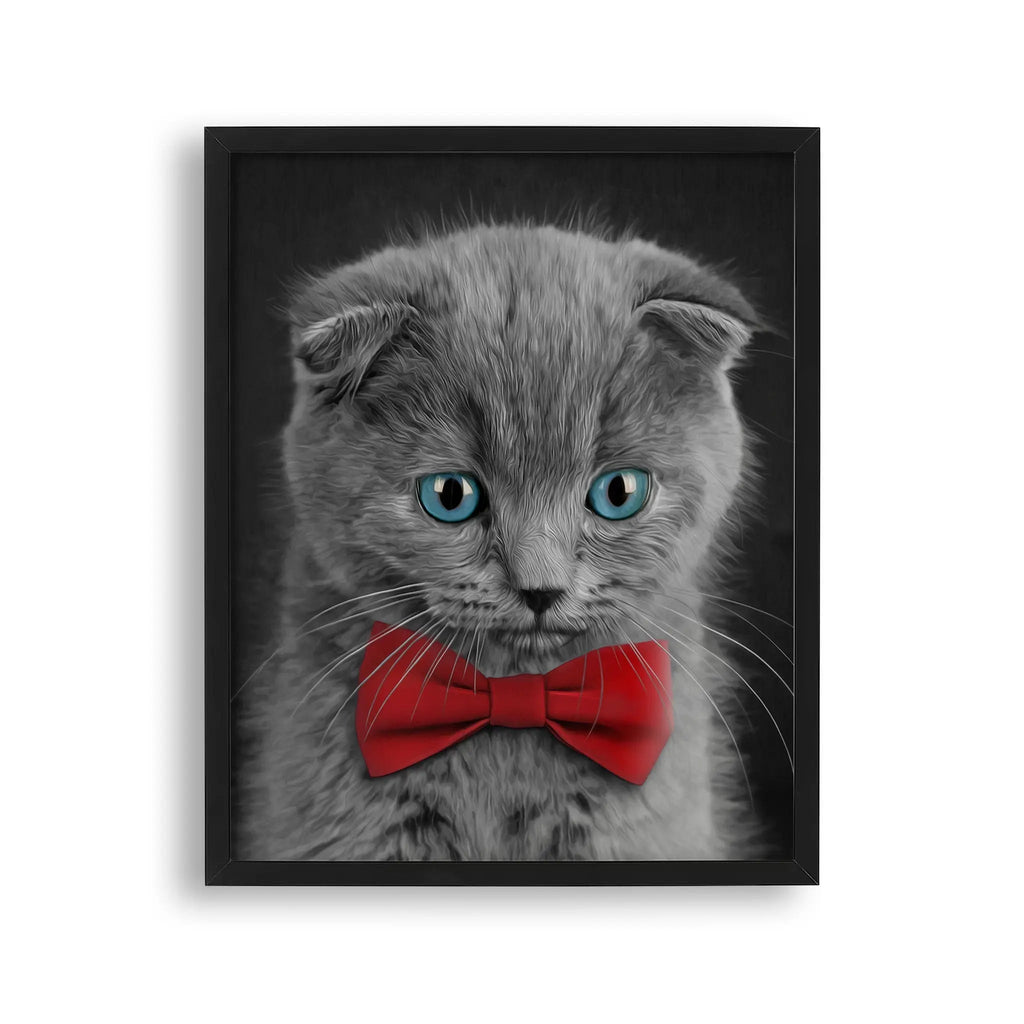 Tablou cu rama destinat copiilor care reprezinta o pictura moderna a unei pisici dragute cu ochi albastri si cu un papion rosu lovely kitten