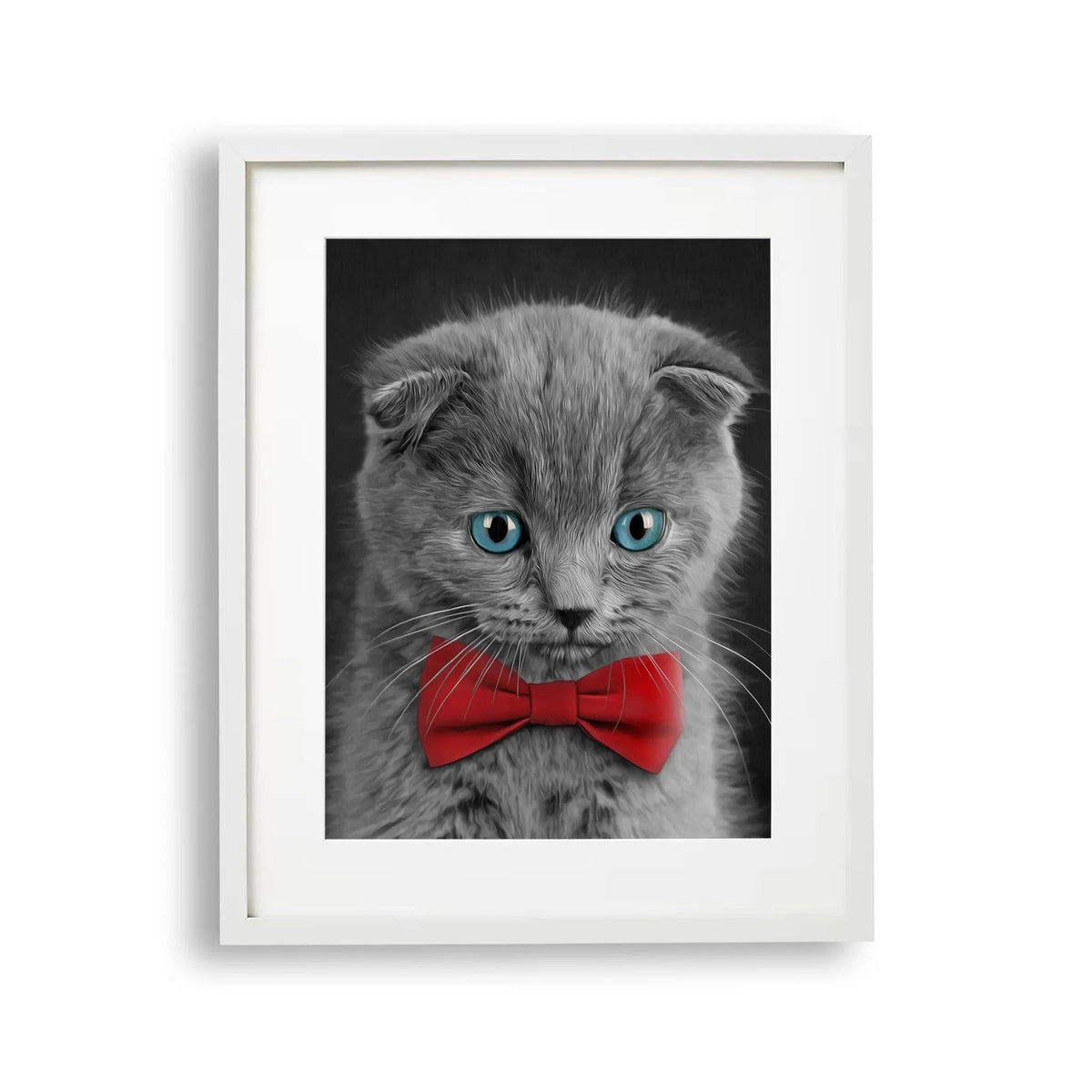 Tablou cu rama destinat copiilor care reprezinta o pictura moderna a unei pisici dragute cu ochi albastri si cu un papion rosu lovely kitten