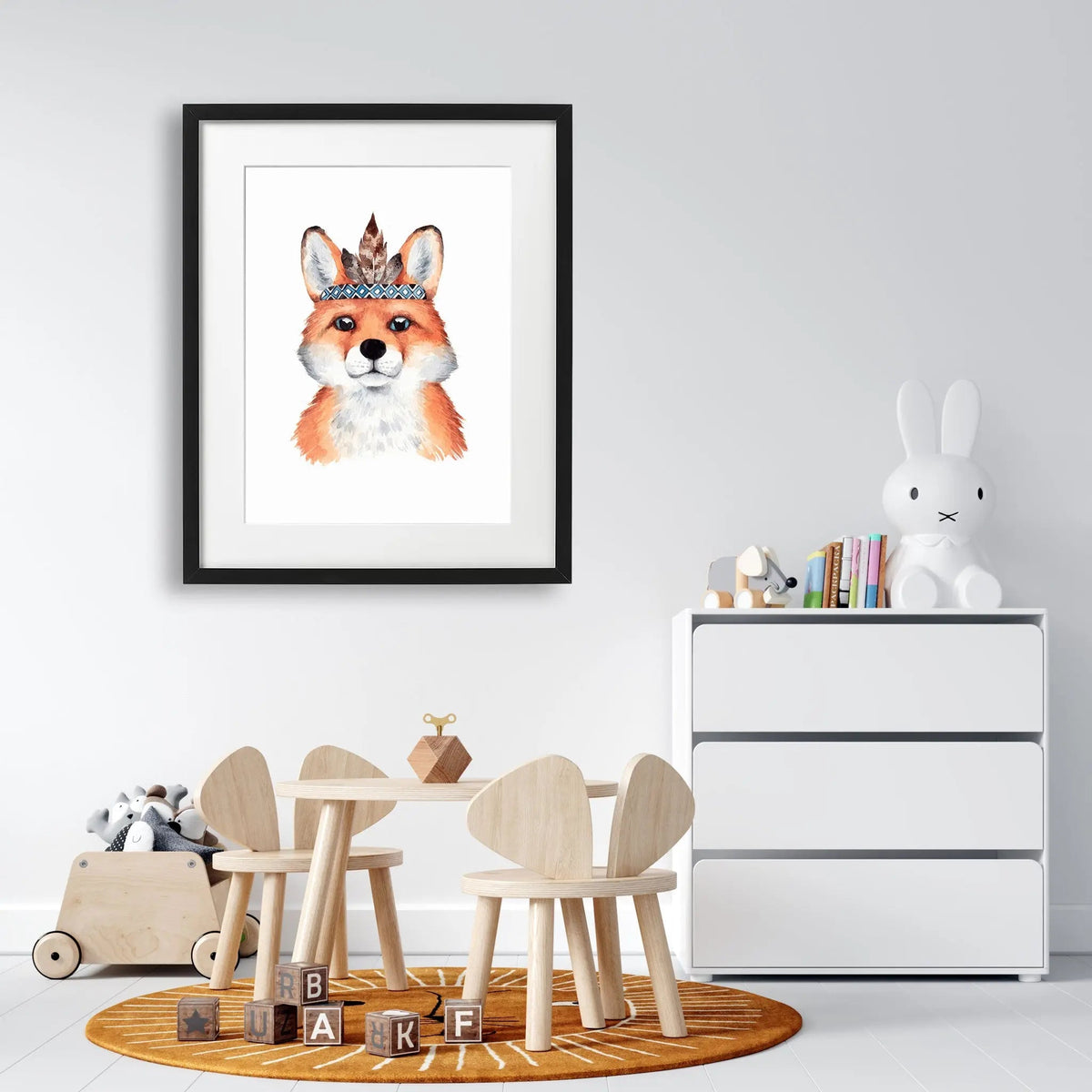 Tablou cu rama destinat copiilor care reprezinta un portret boho al unei vulpi fox portrait