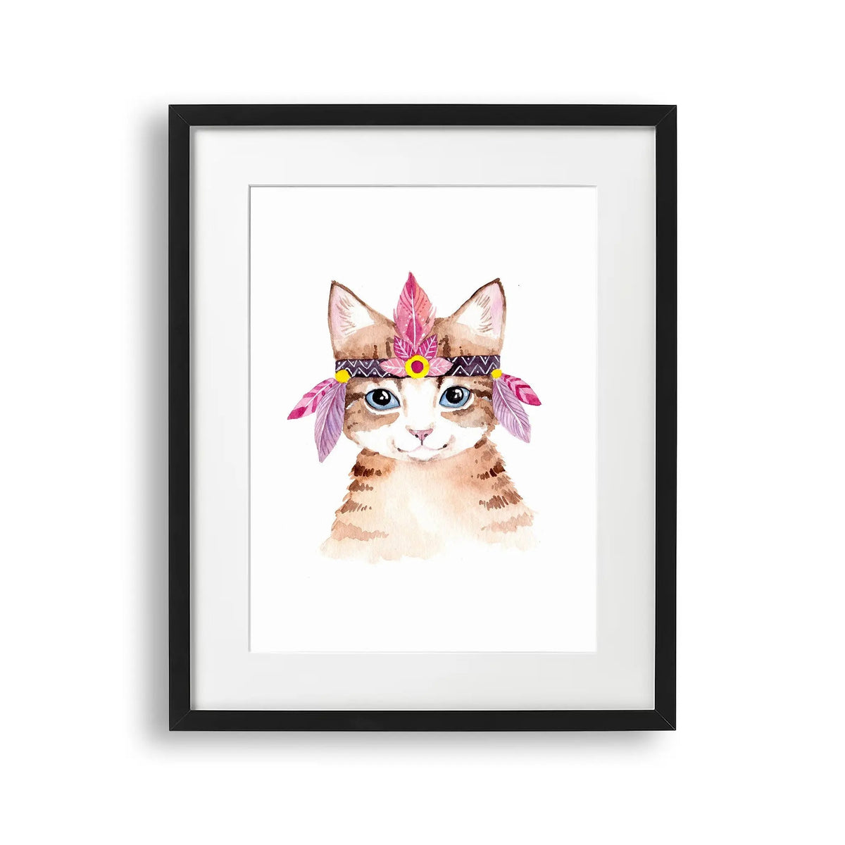 Tablou cu rama pentru copii care reprezinta o pisica draguta cu o pana pe cap ilustrata intr o pictura acuarela fluffy cat