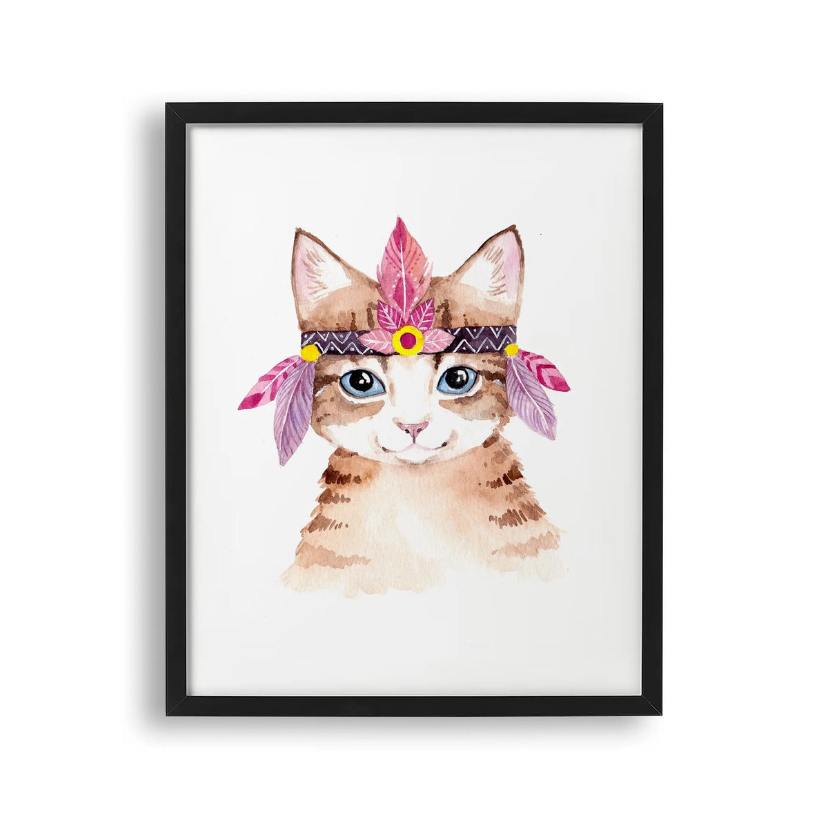 Tablou cu rama pentru copii care reprezinta o pisica draguta cu o pana pe cap ilustrata intr o pictura acuarela fluffy cat