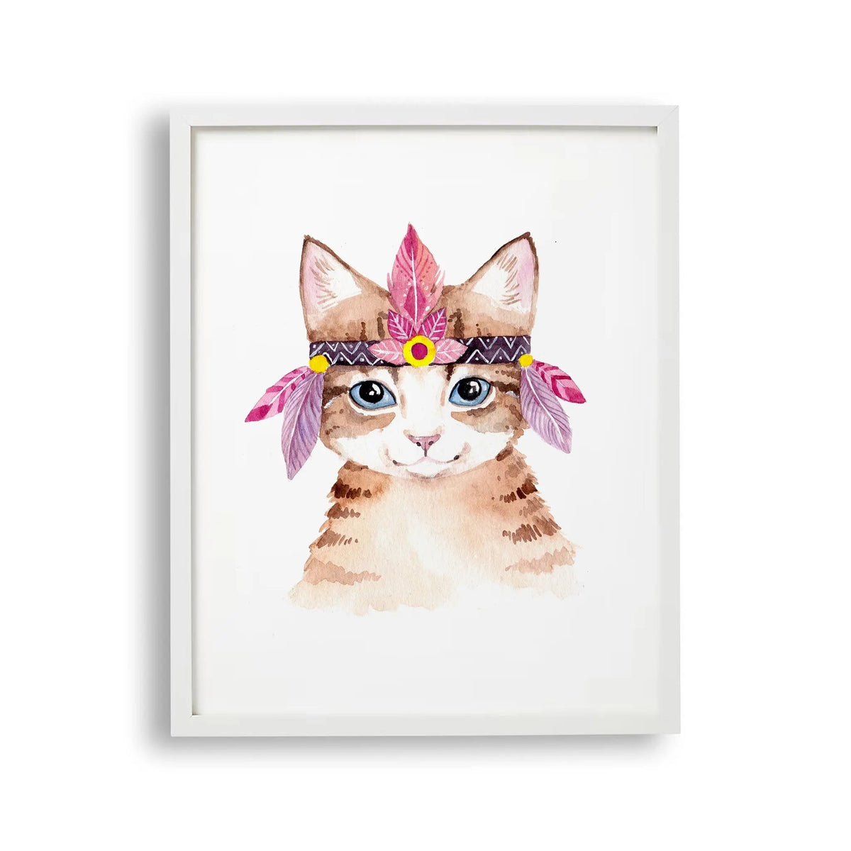 Tablou cu rama pentru copii care reprezinta o pisica draguta cu o pana pe cap ilustrata intr o pictura acuarela fluffy cat