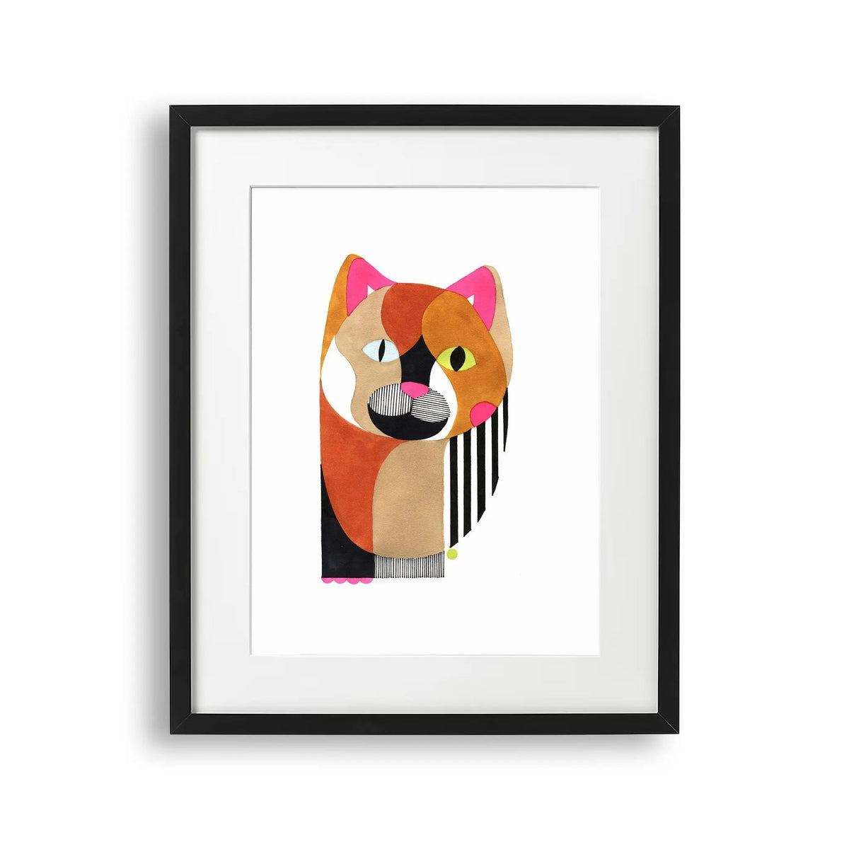 Tablou cu rama pentru copii care reprezinta un portret abstract pictat cu acuarela al unei pisici cu linii de pensula colorate colorful cat