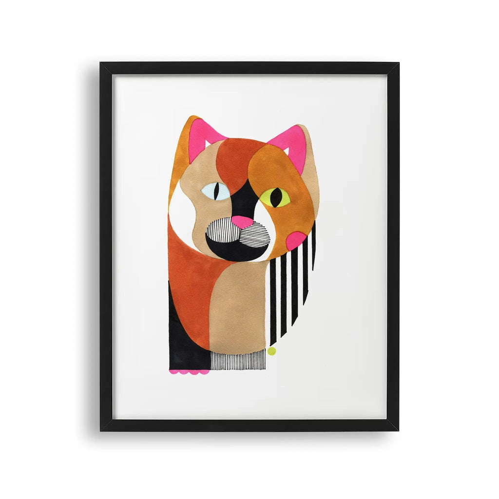 Tablou cu rama pentru copii care reprezinta un portret abstract pictat cu acuarela al unei pisici cu linii de pensula colorate colorful cat