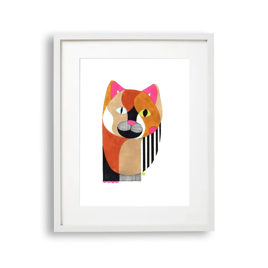 Tablou cu rama pentru copii care reprezinta un portret abstract pictat cu acuarela al unei pisici cu linii de pensula colorate colorful cat