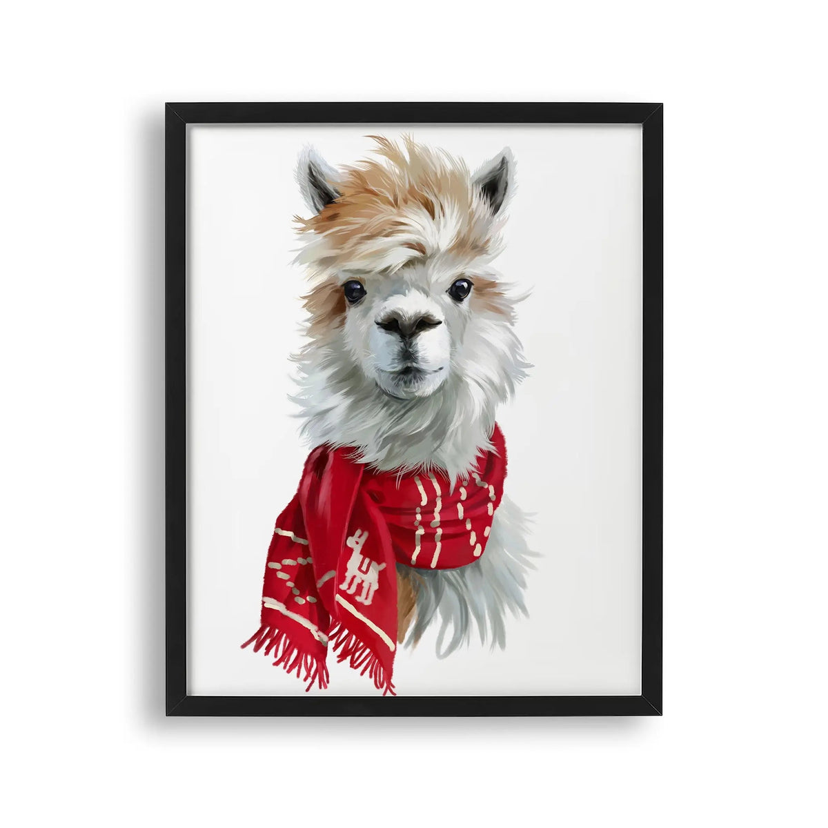 Tablou cu rama pentru copii care prezinta o alpaca desenata cu acuarela care poarta o esarfa rosie alpaca