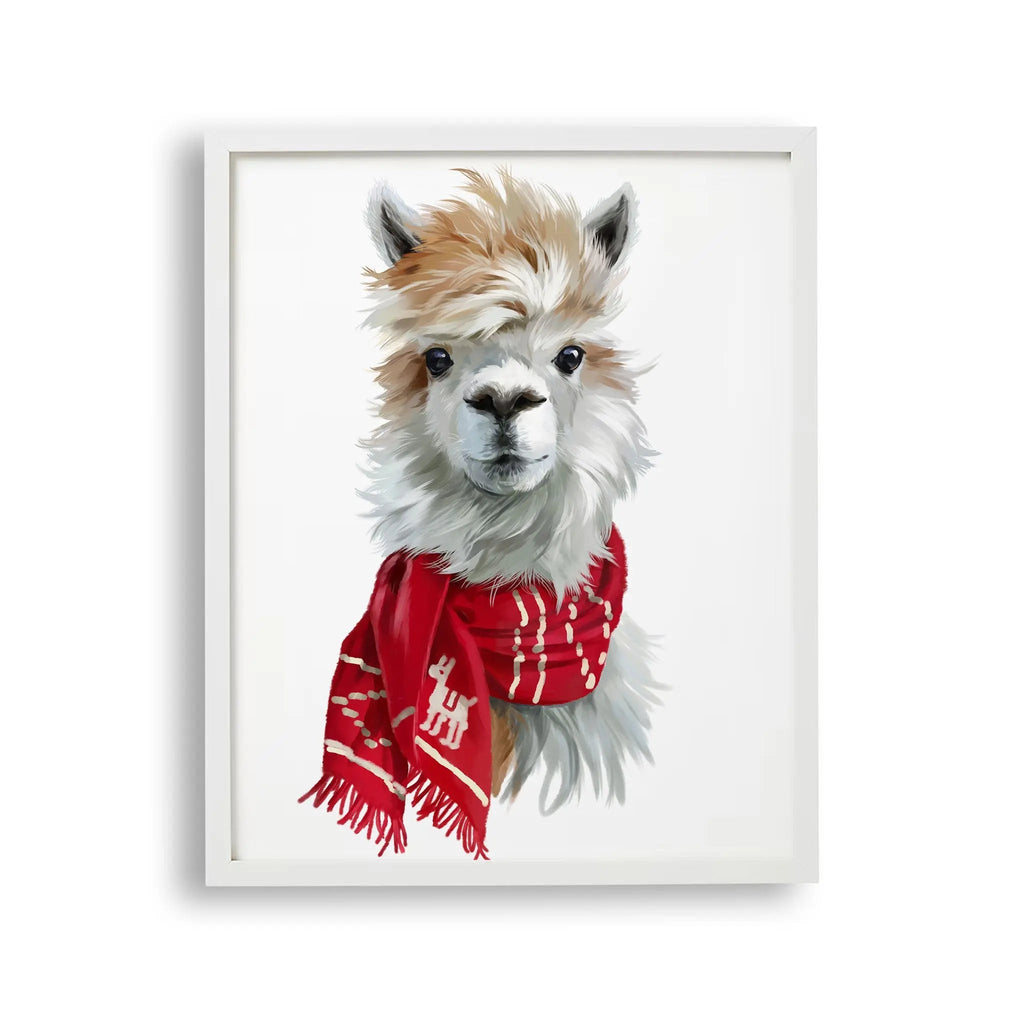 Tablou cu rama pentru copii care prezinta o alpaca desenata cu acuarela care poarta o esarfa rosie alpaca