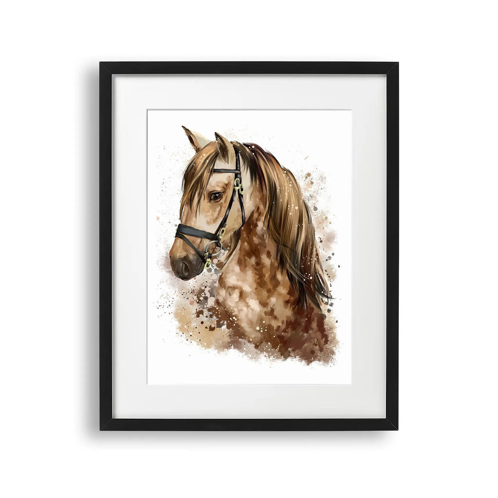Tablou cu rama pentru copii care prezinta un portret impresionant al unui cal maro pictat cu acuarela acrylic equine