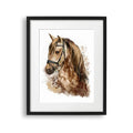 Tablou cu rama pentru copii care prezinta un portret impresionant al unui cal maro pictat cu acuarela acrylic equine