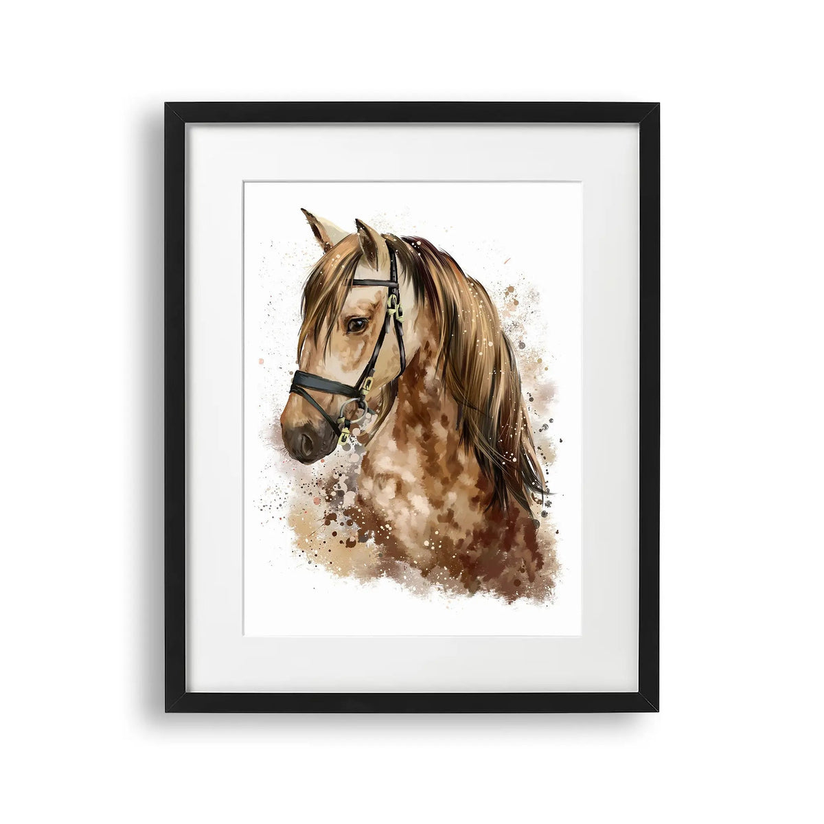 Tablou cu rama pentru copii care prezinta un portret impresionant al unui cal maro pictat cu acuarela acrylic equine